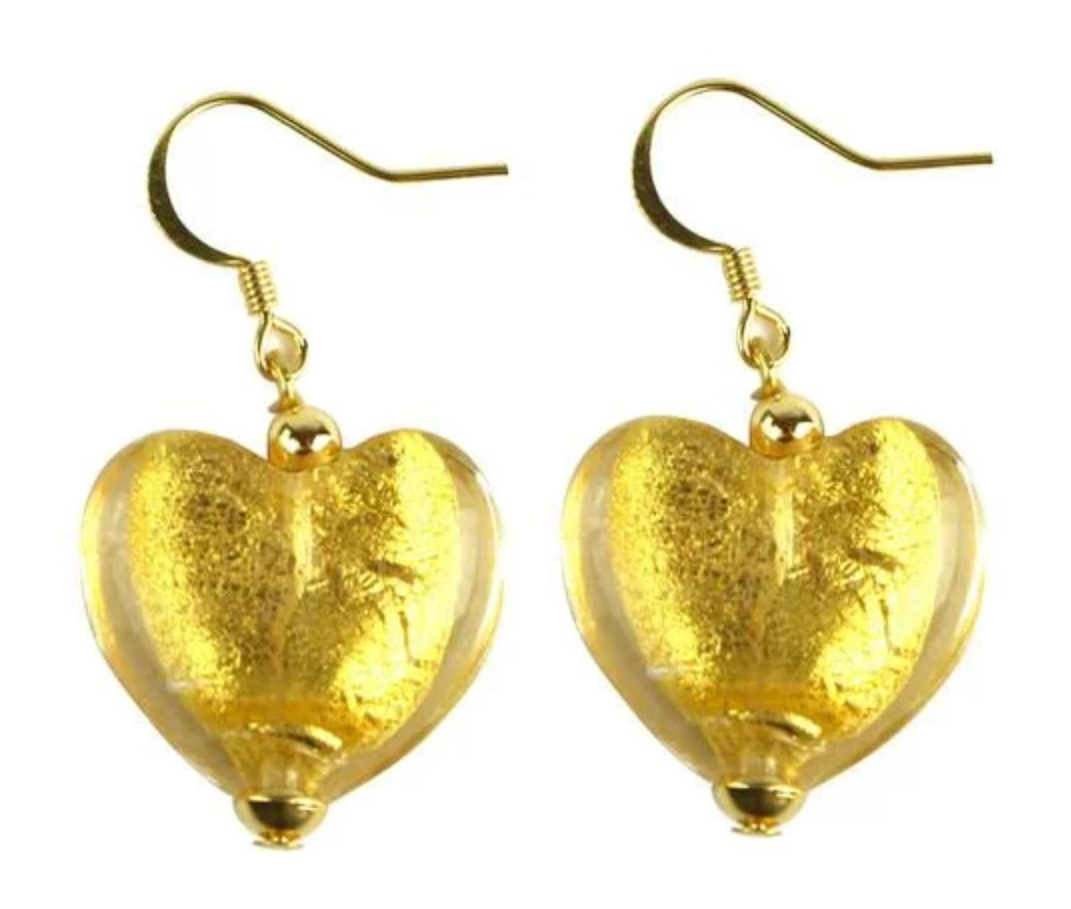Murano glass heart earrings with pure gold leaf detailing.