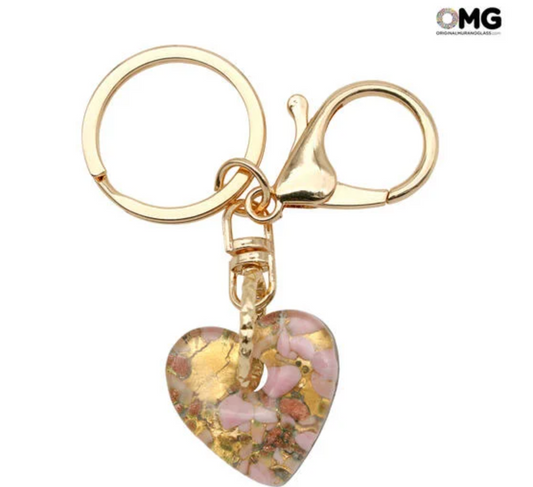 Original Murano Glass gold leaf keychain, handmade in Italy, heart-shaped design.