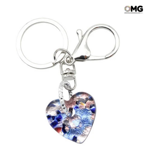 Original Murano Glass keychain with heart-shaped silver leaf design.