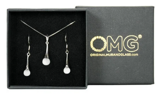 Murano glass parure pearls necklace and earrings set in black box.