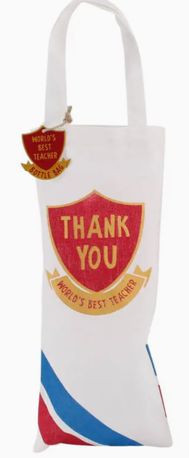 World's Best Teacher Thank You bottle bag with shield design, ideal gift for educators.