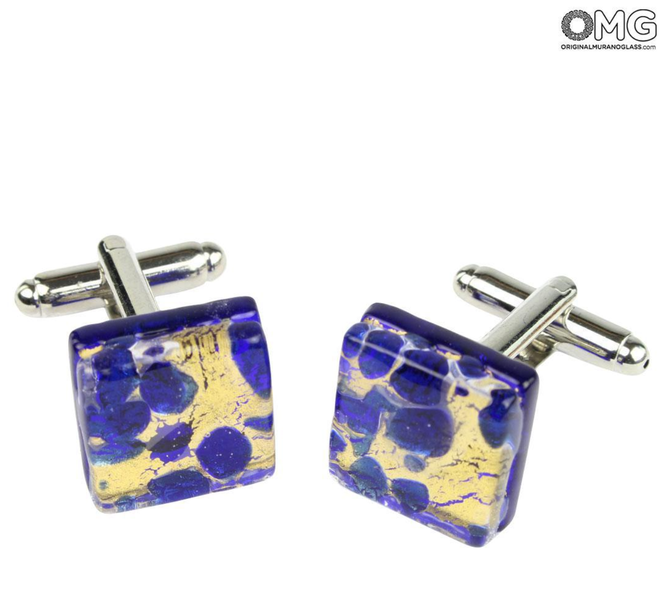 Elegant Murano glass cufflinks with blue and gold design.