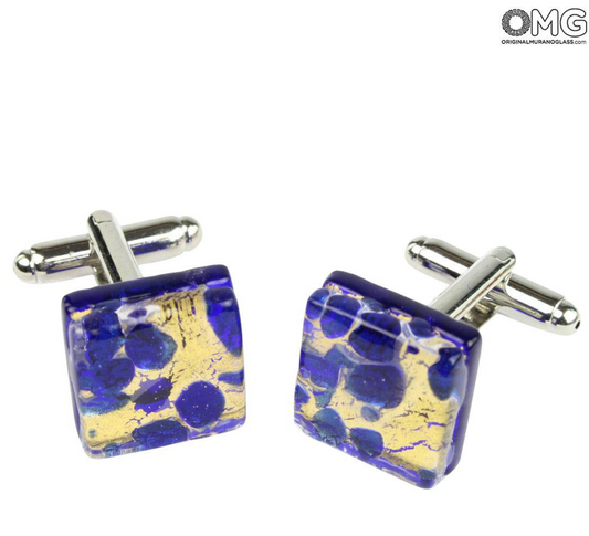 Elegant Murano glass cufflinks with blue and gold design.