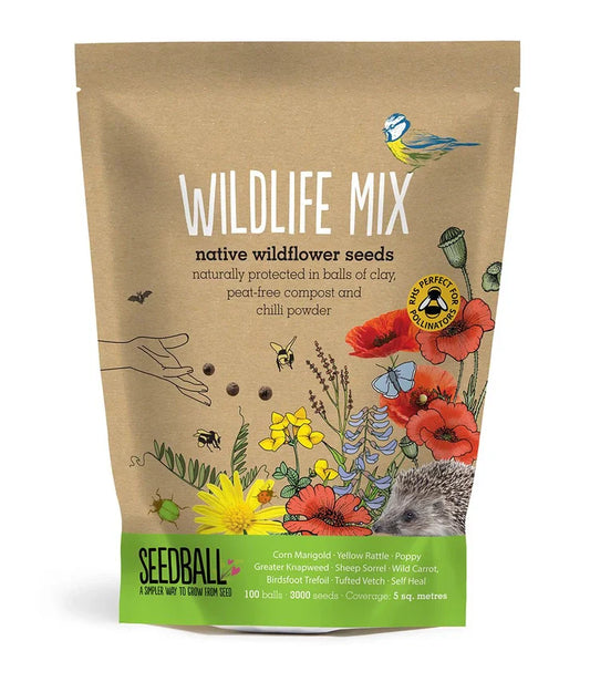 Seedball Wildflower Grab Bags - Wildlife Mix packaging with vibrant wildflower illustrations and wildlife icons.