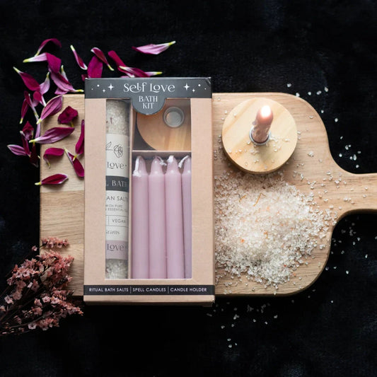 Self Love Herbal Ritual Bath Kit with ylang ylang bath salts, pink spell candles, and holder for self-care and manifestation.