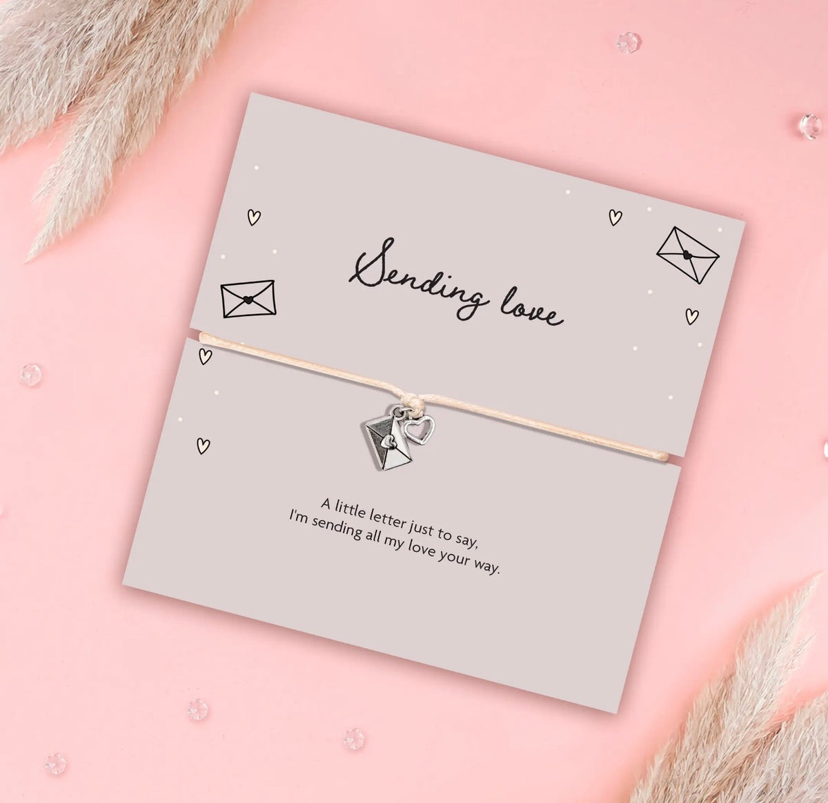 Sending Love Letter and Heart Charm Bracelet on a sentiment card. A sweet gift for friends far away, thinking of you moments and birthdays.
