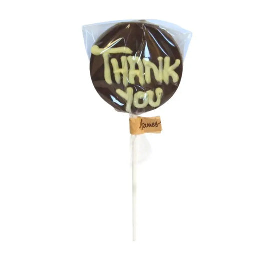 Milk chocolate lollipop with “Thank You” sentiment, offering a creamy nostalgic flavor in a fun, playful design perfect for sharing gratitude.