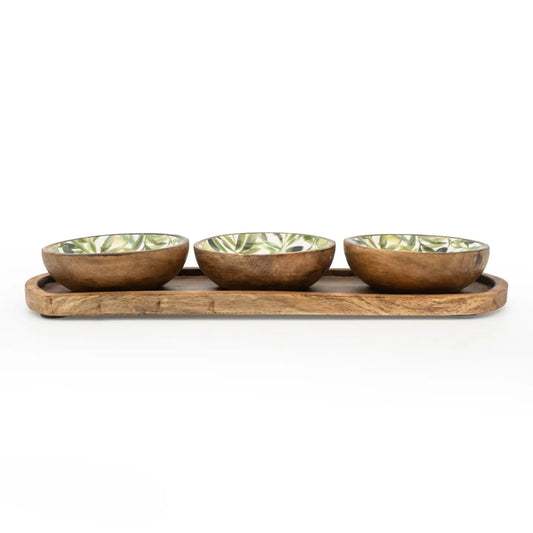 Set of 3 small mango wood dipping bowls with olive pattern on tray.