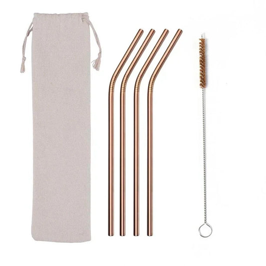 Eco friendly reusable set of 4 stainless steel straws with cleaning brush and organic cotton bag.