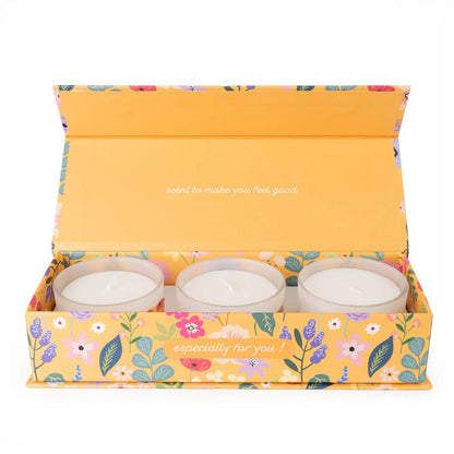 Set of 3 Candle Gift Set in Floral Ochre for Happy Birthday Celebration