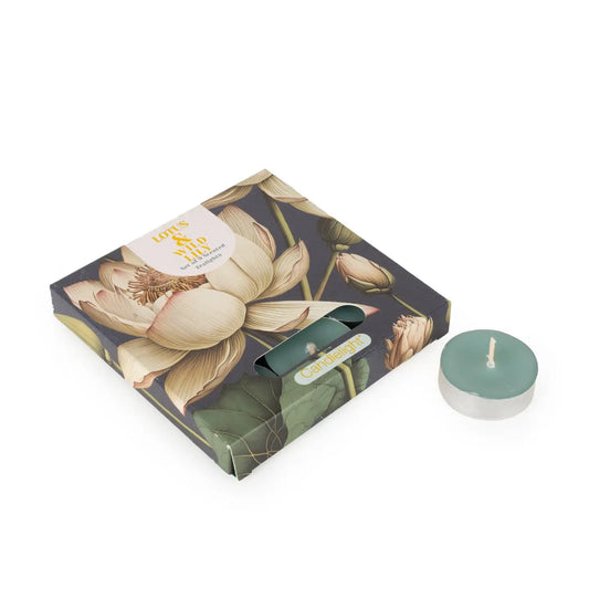 Box of 9 tealights infused with lotus and wild lily fragrance, packaged in a floral illustrated box, designed to create a serene, calming atmosphere.