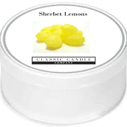 Sherbet Lemon Mini Light Candle in a white travel-friendly tin, emitting zesty citrus fragrance.