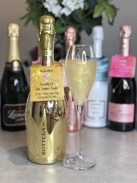 Gold Shimmer Drink Powder Sachet with Bottega Prosecco and glass.