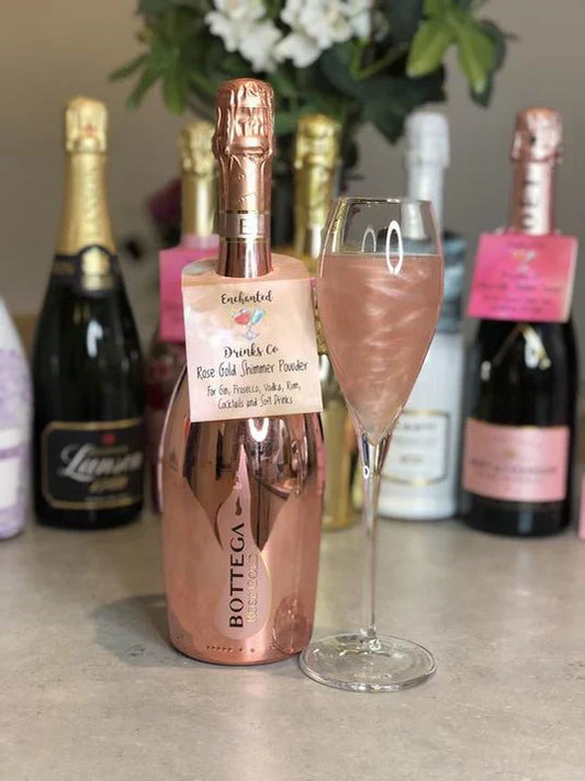 Rose Gold Shimmer Drinks Powder Sachet adds magical touch to Prosecco or Gin.