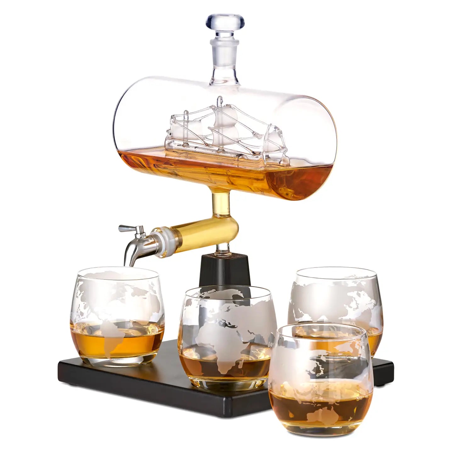 Ship Whiskey Decanter Set with ship-shaped decanter and matching glasses on a stand.