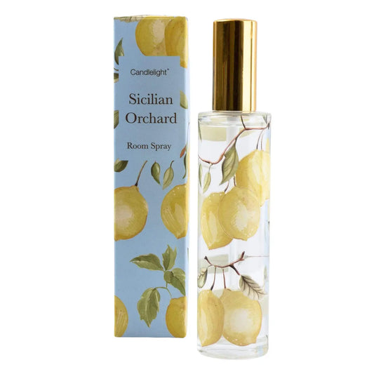 Sicilian Orchard Room Spray in decorative gift box with lemon design.