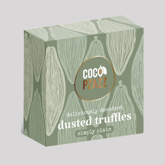 Simply Plain Dusted Truffles box with rich chocolate flavor and smooth texture.