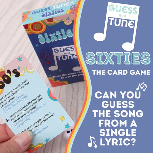 1960's Guess That Tune music quiz card game set with colorful cards and box.