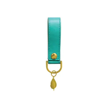 Leaf leather keyring in teal blue with gold hardware.