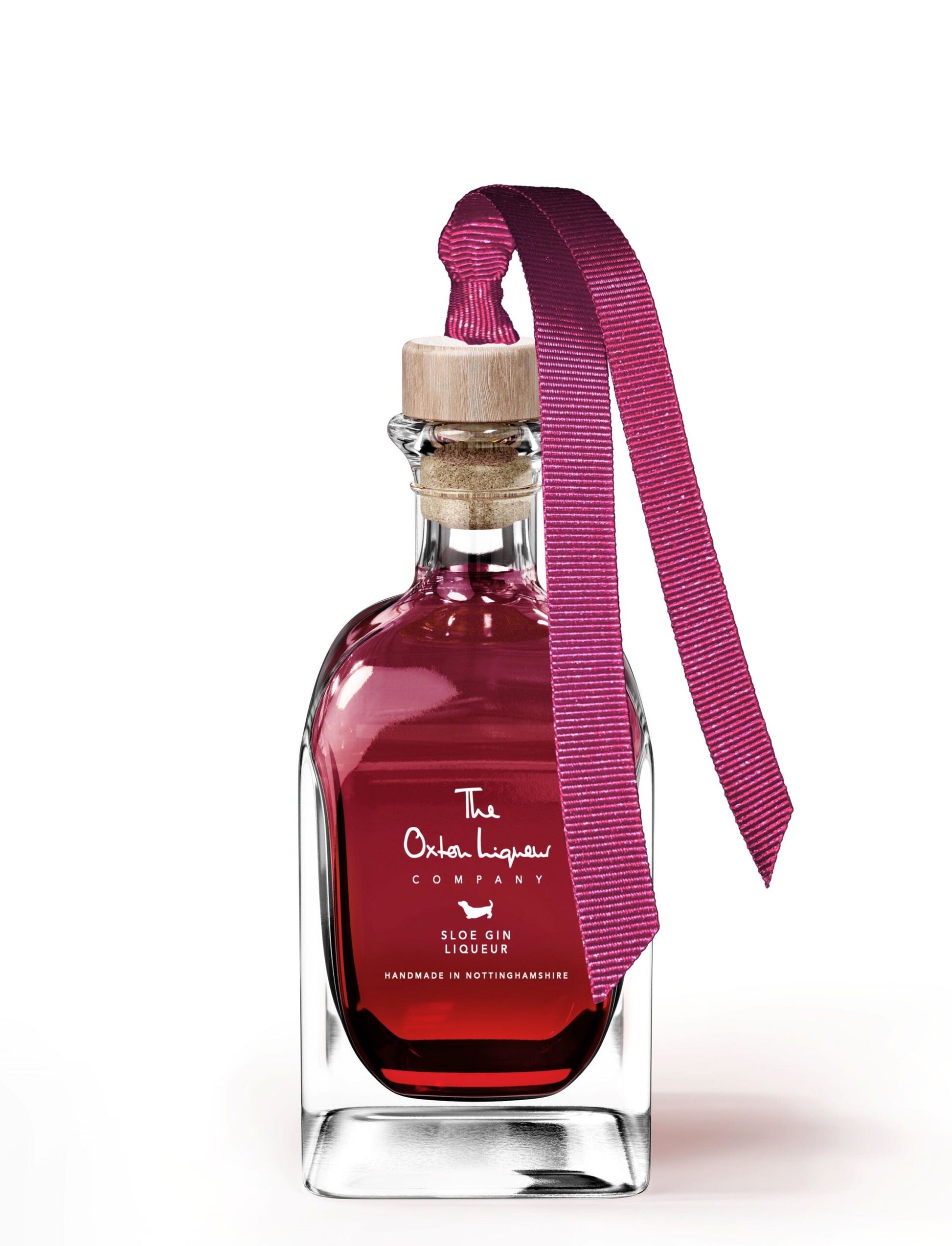 Oxton Liqueur Bauble - Sloe Gin Liqueur bottle with purple ribbon.