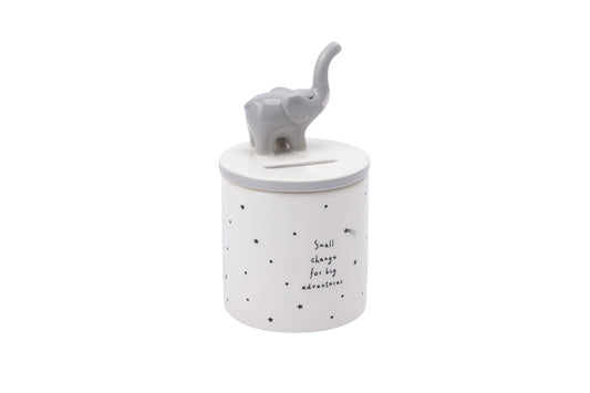 Elephant-themed money pot for small change, with "Small change for big adventures" text.