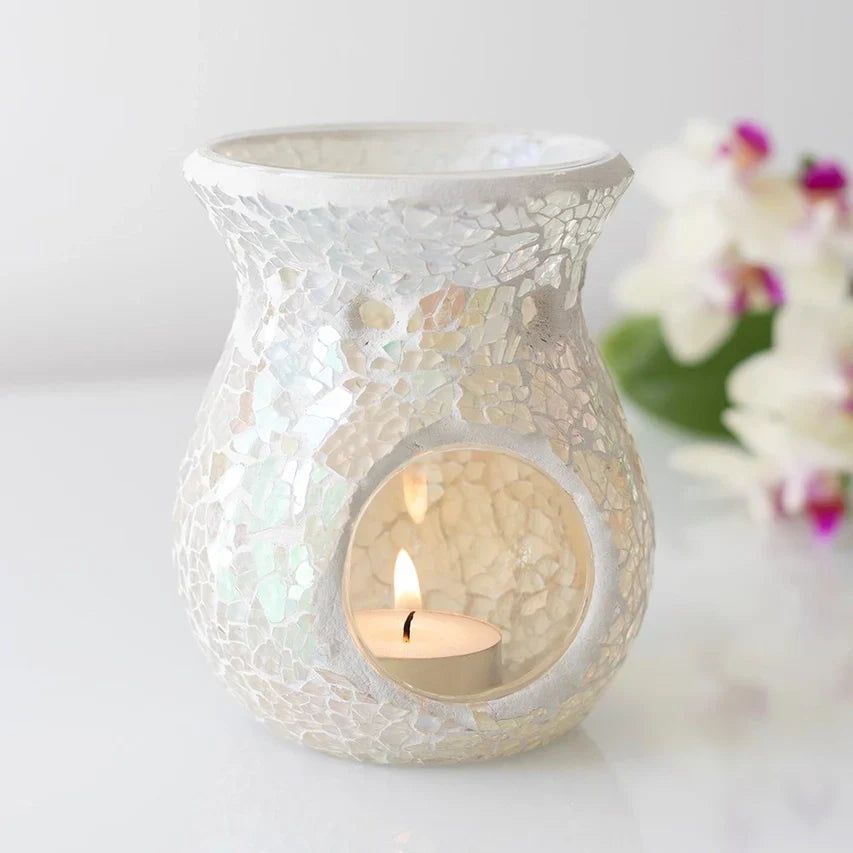 Pretty Small White Iridescent Crackle Oil Burner and Wax Warmer