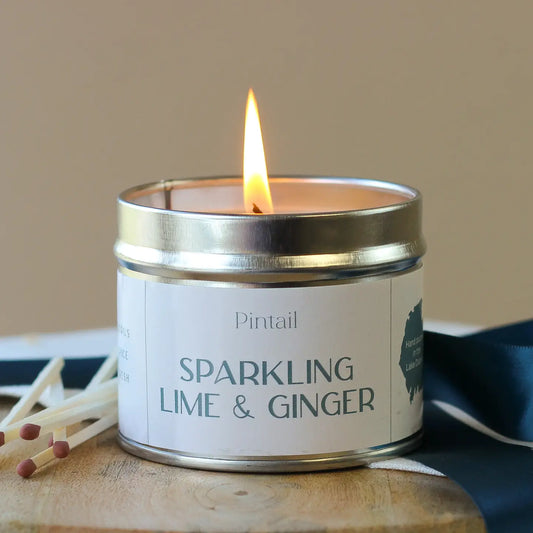 Sparkling Lime and Ginger Classic Tin Candle with flame burning.