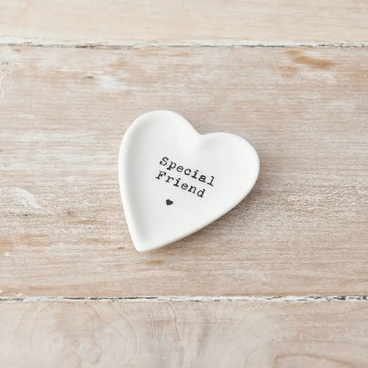 Heart-shaped Special Friend trinket dish with stamped slogan, 6.5cm.