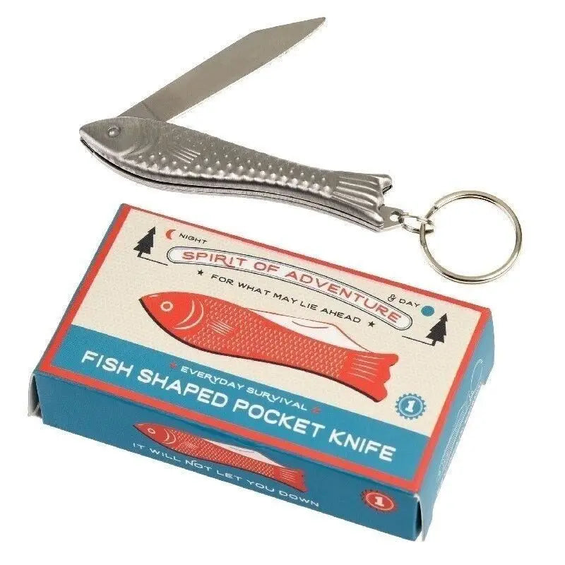 Fish-shaped pocket knife with keyring from Spirit of Adventure, featuring stainless steel blade.