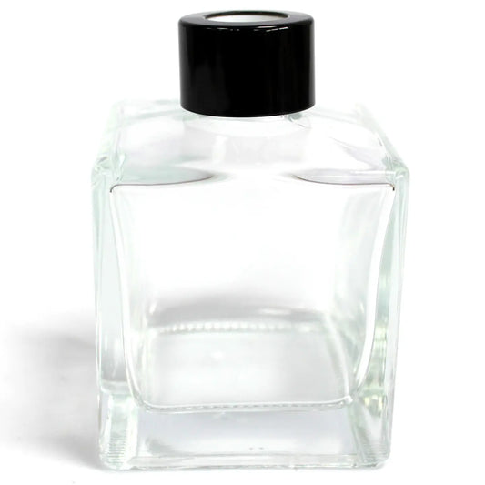 Square Reed Diffuser Bottle with black cap for aromatherapy oils and fragrances.