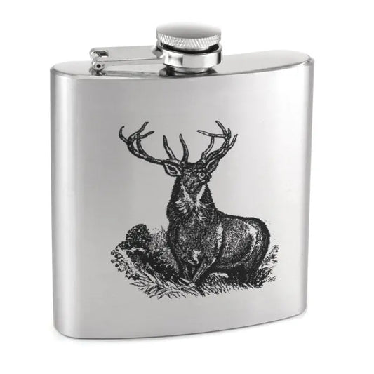 Elegant stainless steel hip flask with stag design, 6oz capacity.