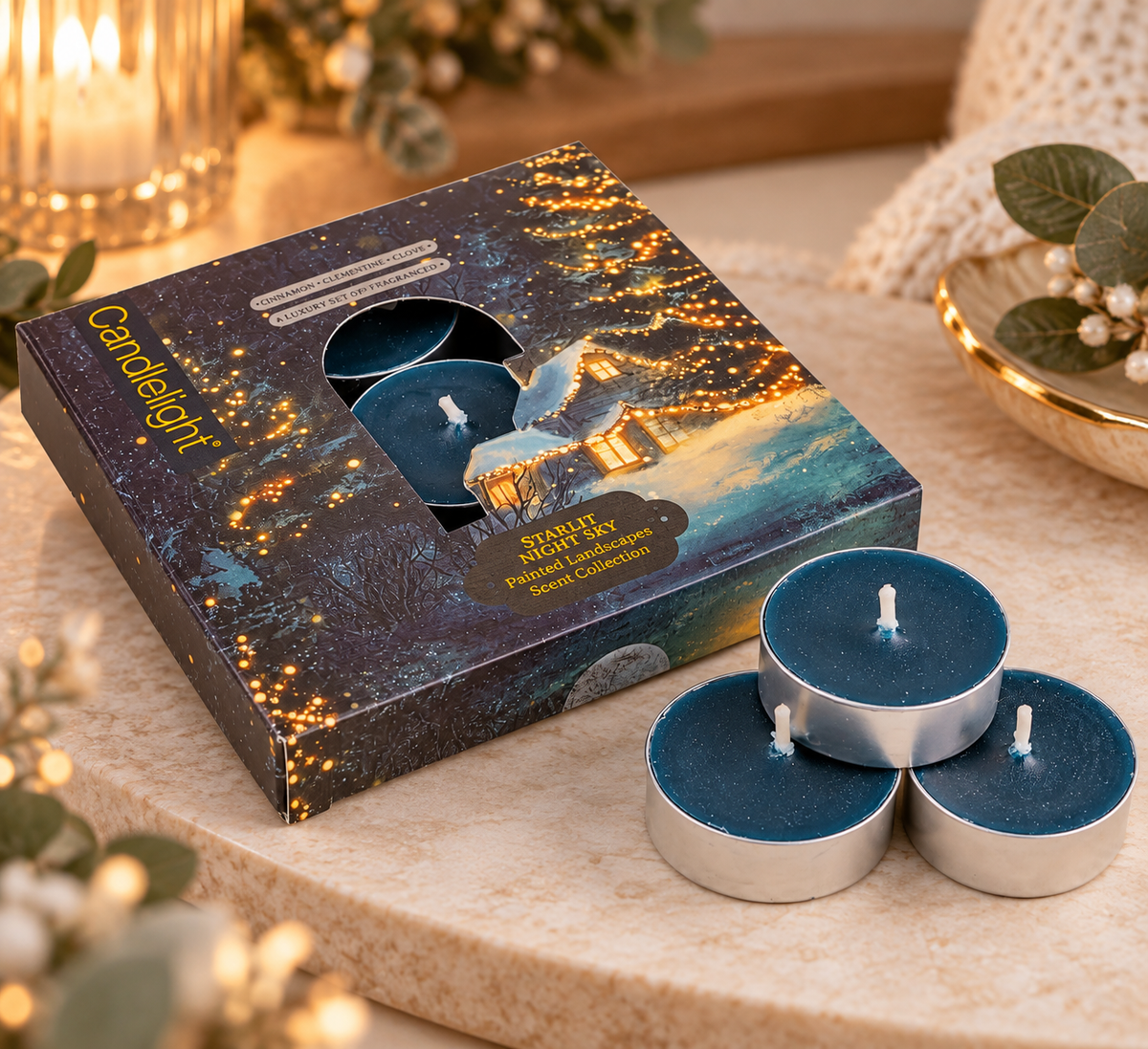Starlit Night Sky Tea Lights, 9 scented with cinnamon, clementine and clove. A cosy festive gift for stocking fillers, hosts and nights in.
