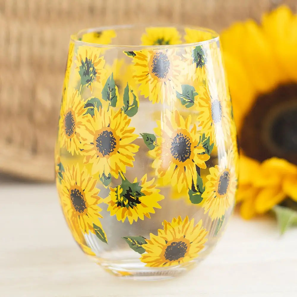 Stemless glass with a bright sunflower print—stylish, stable, and perfect for any occasion.