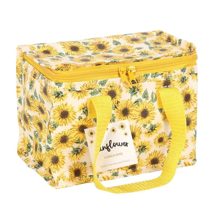 Sunflower print lunch bag with yellow handles and insulated interior, made from recycled plastic.