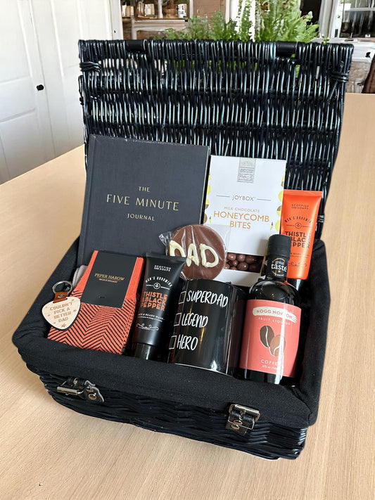 Super Dad gift with journal, socks, keyring, mug, treats, liqueur, and grooming essentials—perfect for the hero in your life.
