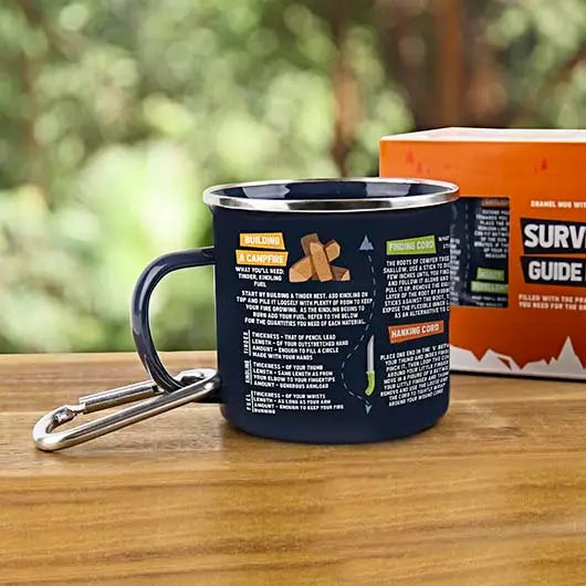 Survival guide enamel mug with carabiner clip.