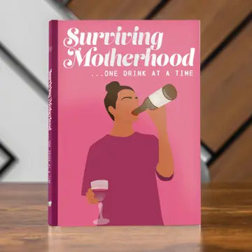Surviving Motherhood One Glass of Wine book cover with woman drinking wine illustration.