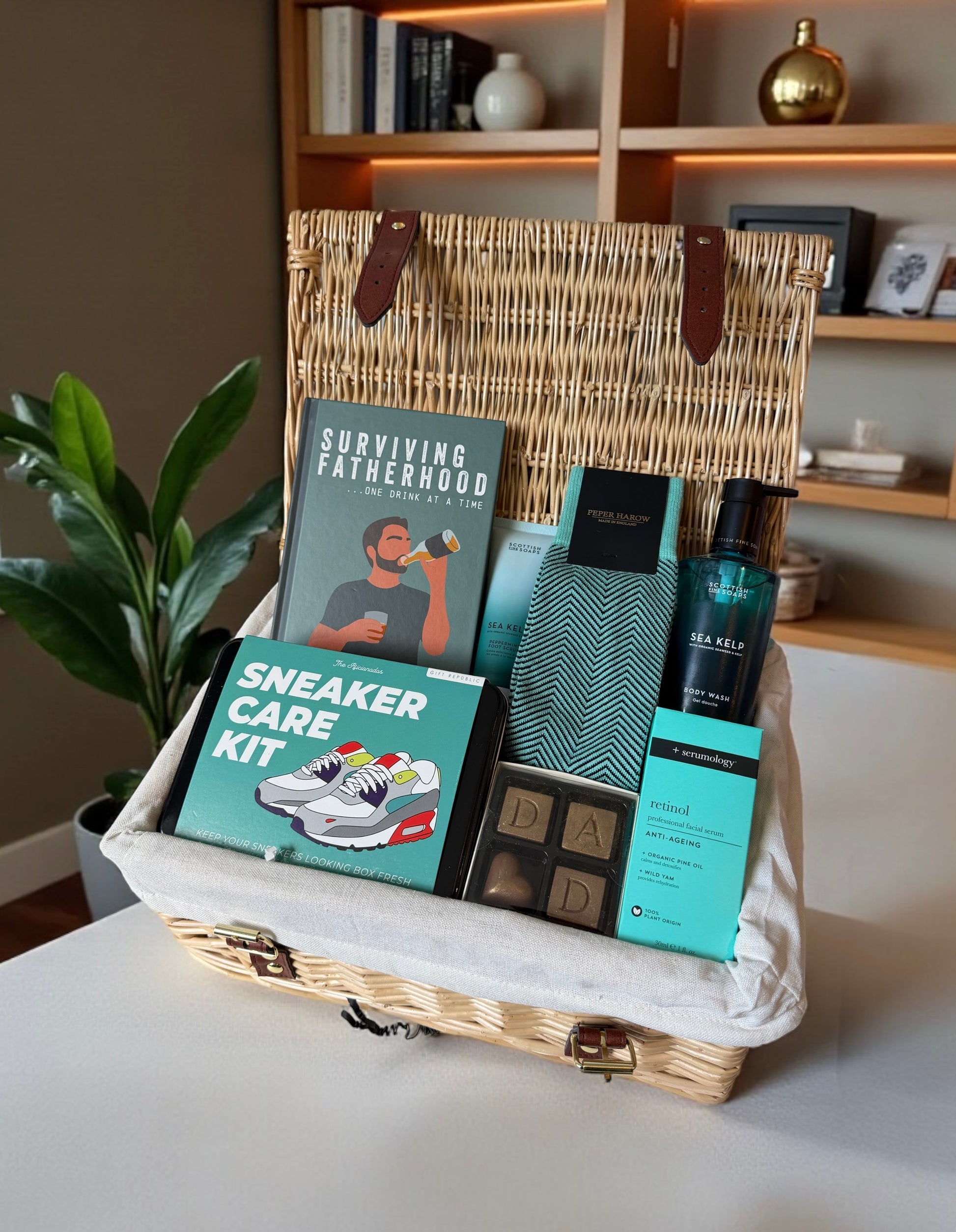 Surviving fatherhood hamper for Father’s Day, dad, new dad with book, sneaker care kit, dad chocolates and retinol 
