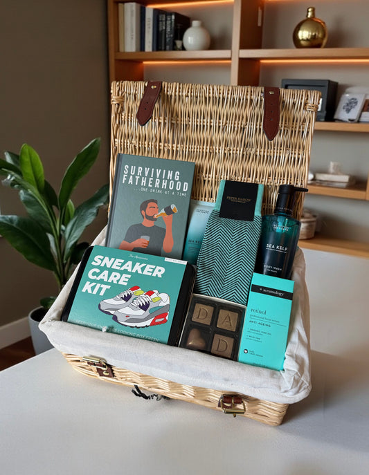Surviving fatherhood hamper for Father’s Day, dad, new dad with book, sneaker care kit, dad chocolates and retinol 