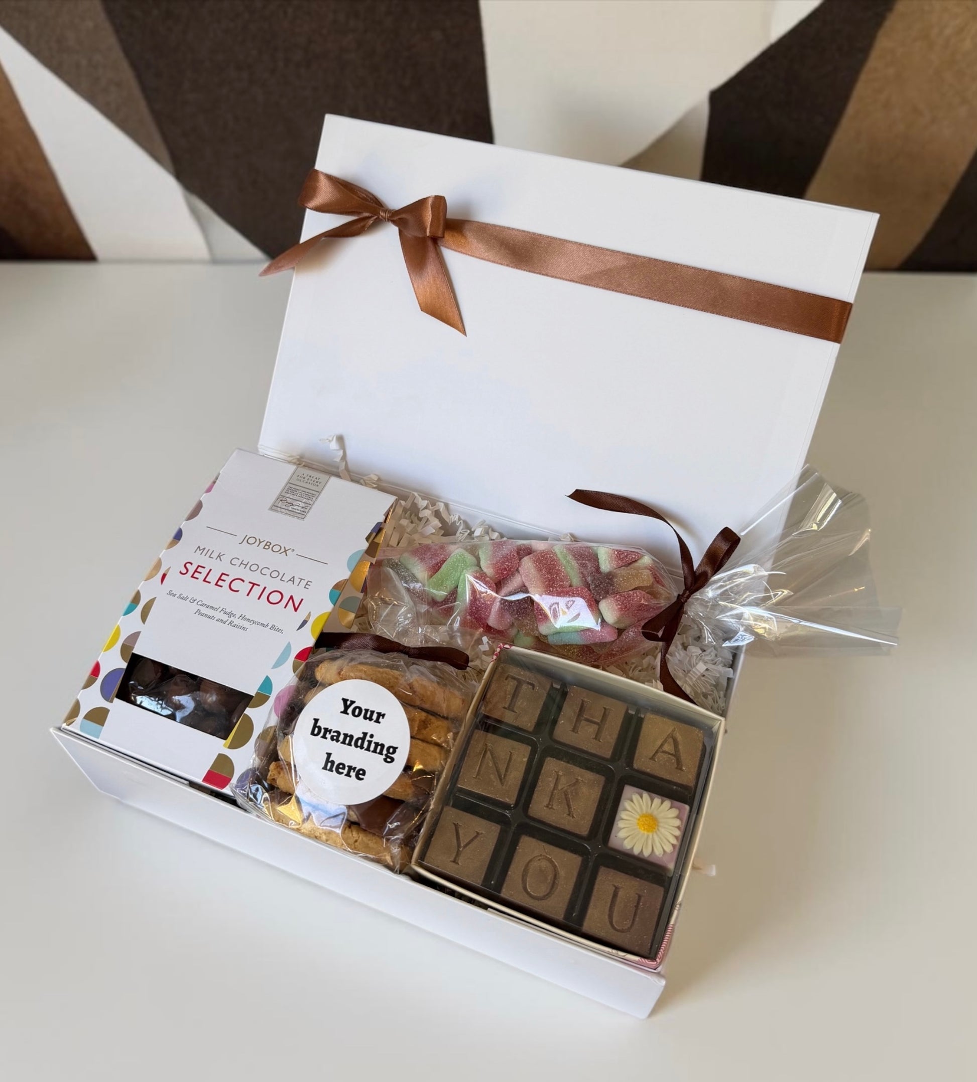 Thank you hamper with chocolate selection, joypots, honeycomb biscuits and sweet cone