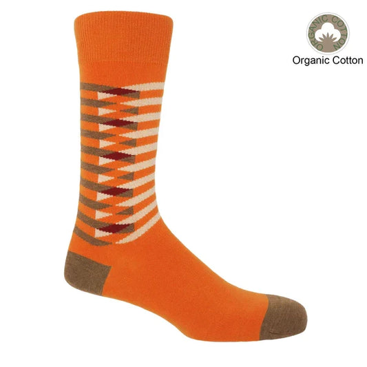 Smart & stylish men's organic cotton orange socks with geometric pattern.