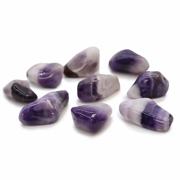 Amethyst and white quartz tumble stones with banded patterns.