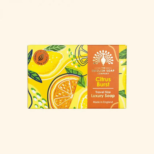 Travel Citrus Burst Mini Soap packaging with vibrant citrus design.