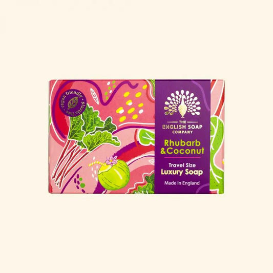 Travel Rhubarb and Coconut Mini Soap with vibrant packaging for on-the-go freshness.