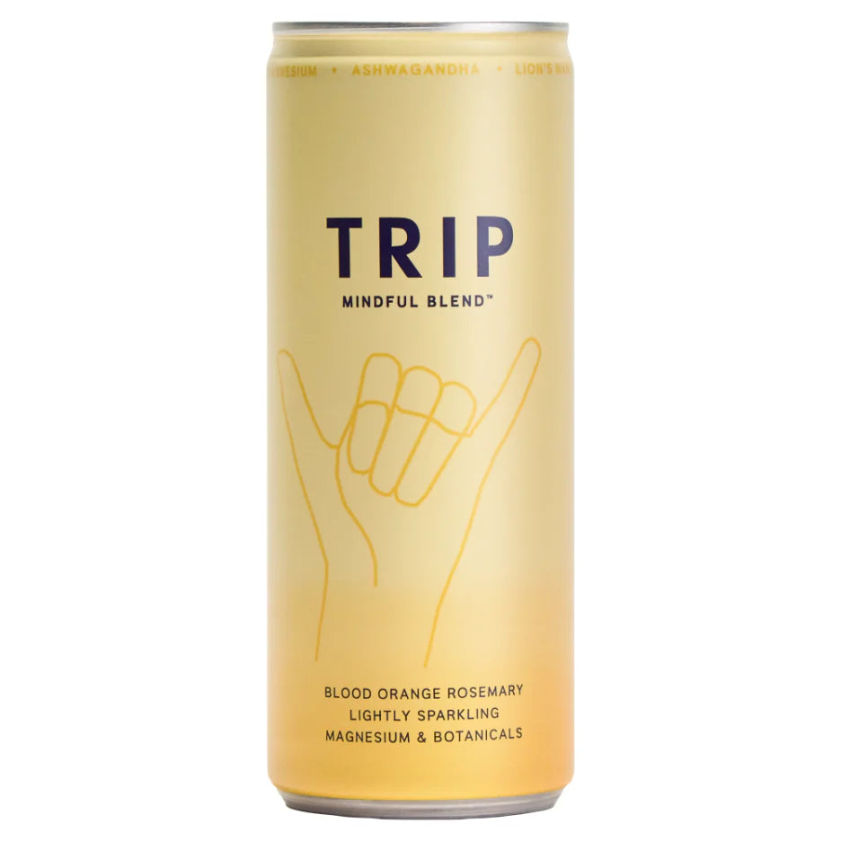 TRIP Blood Orange & Rosemary 250ml can with a refreshing blend of blood orange, ginger, lime, lemon balm, and rosemary.