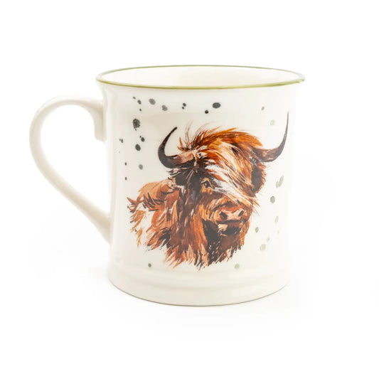 Tankard mug with Highland Cow design, rustic shabby chic style, 13cm size.