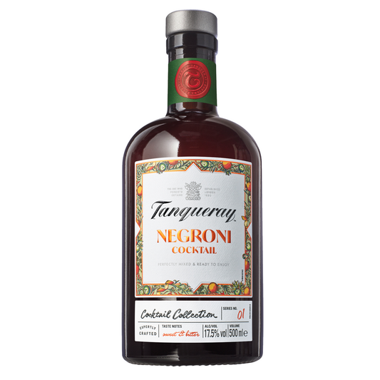 Tanqueray Negroni Cocktail bottle with a blend of London Dry gin, vermouth, and bitters.
