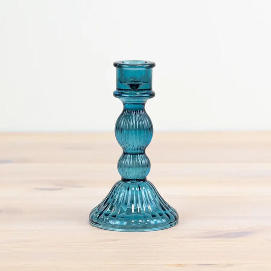 Teal glass pillar candle holder, 15cm, with unique design.