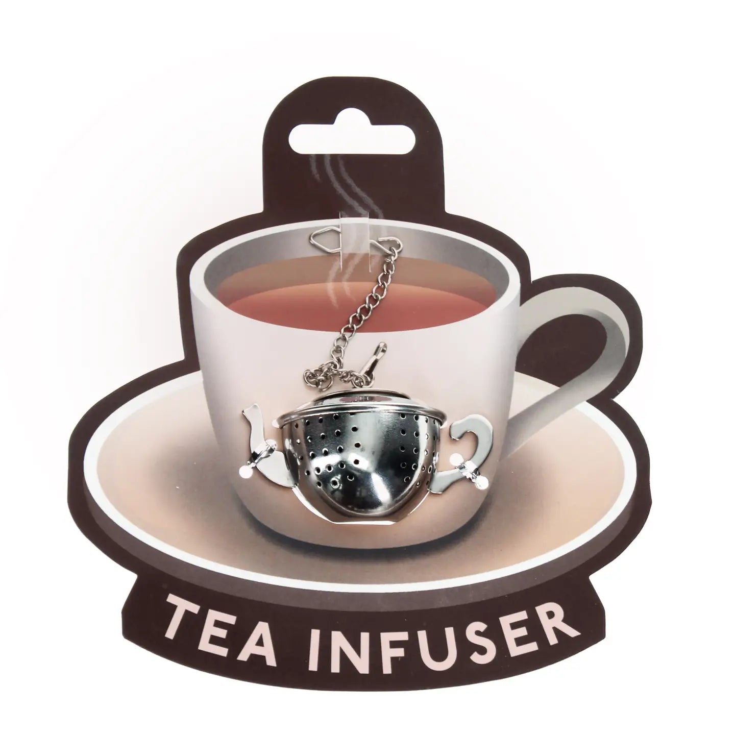Stainless steel teapot-shaped tea infuser with chain for loose leaf tea.