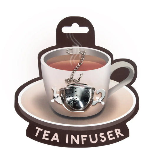 Stainless steel teapot-shaped tea infuser with chain for loose leaf tea.